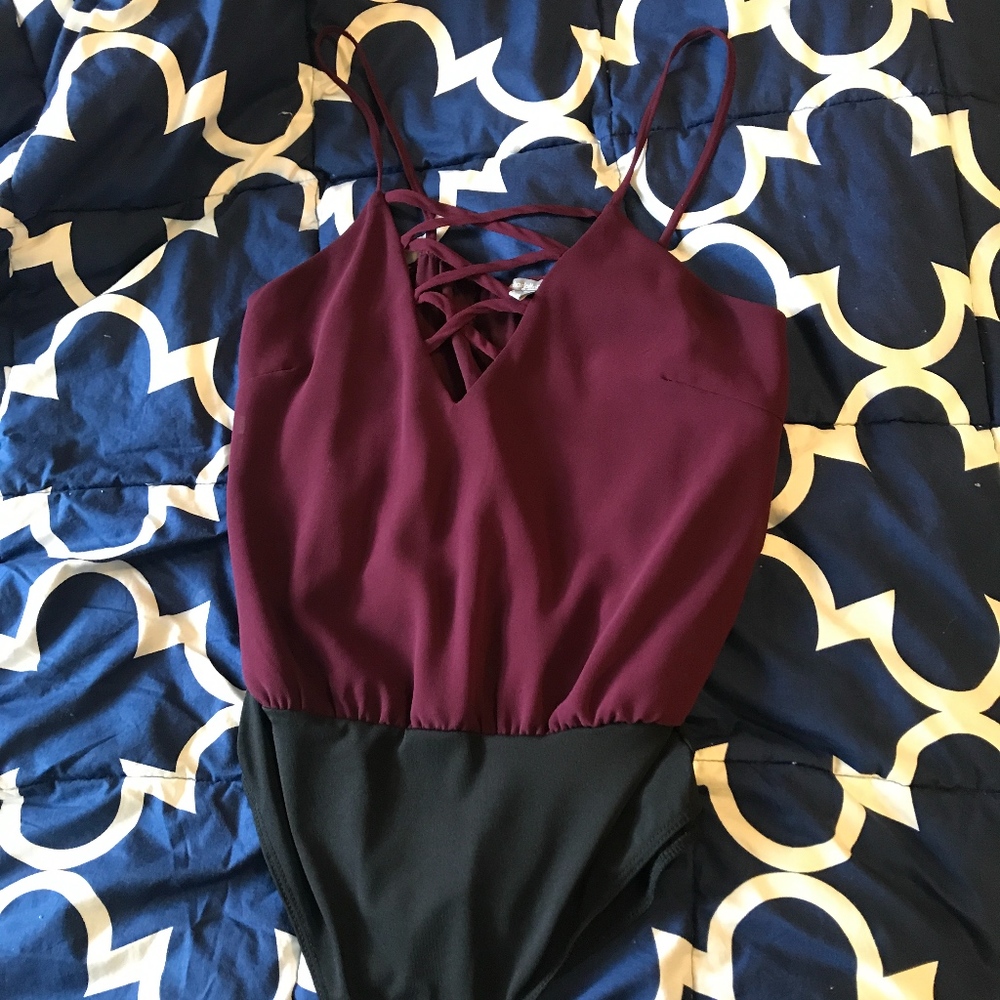 forever 21 lace front maroon body suit